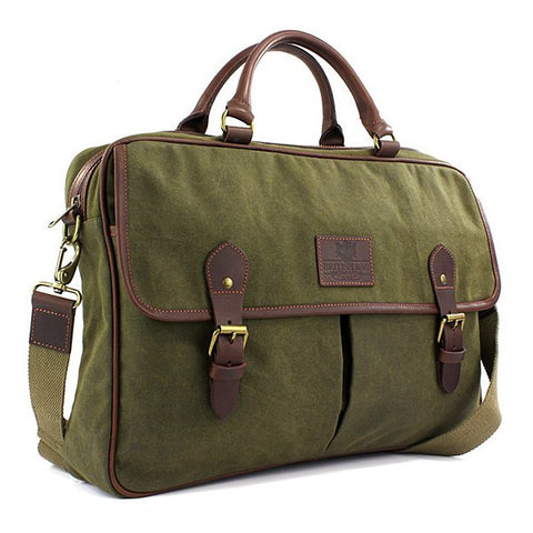 British Bag Company Navigator Khaki Waxed Canvas Briefcase - Wildstags.co.uk